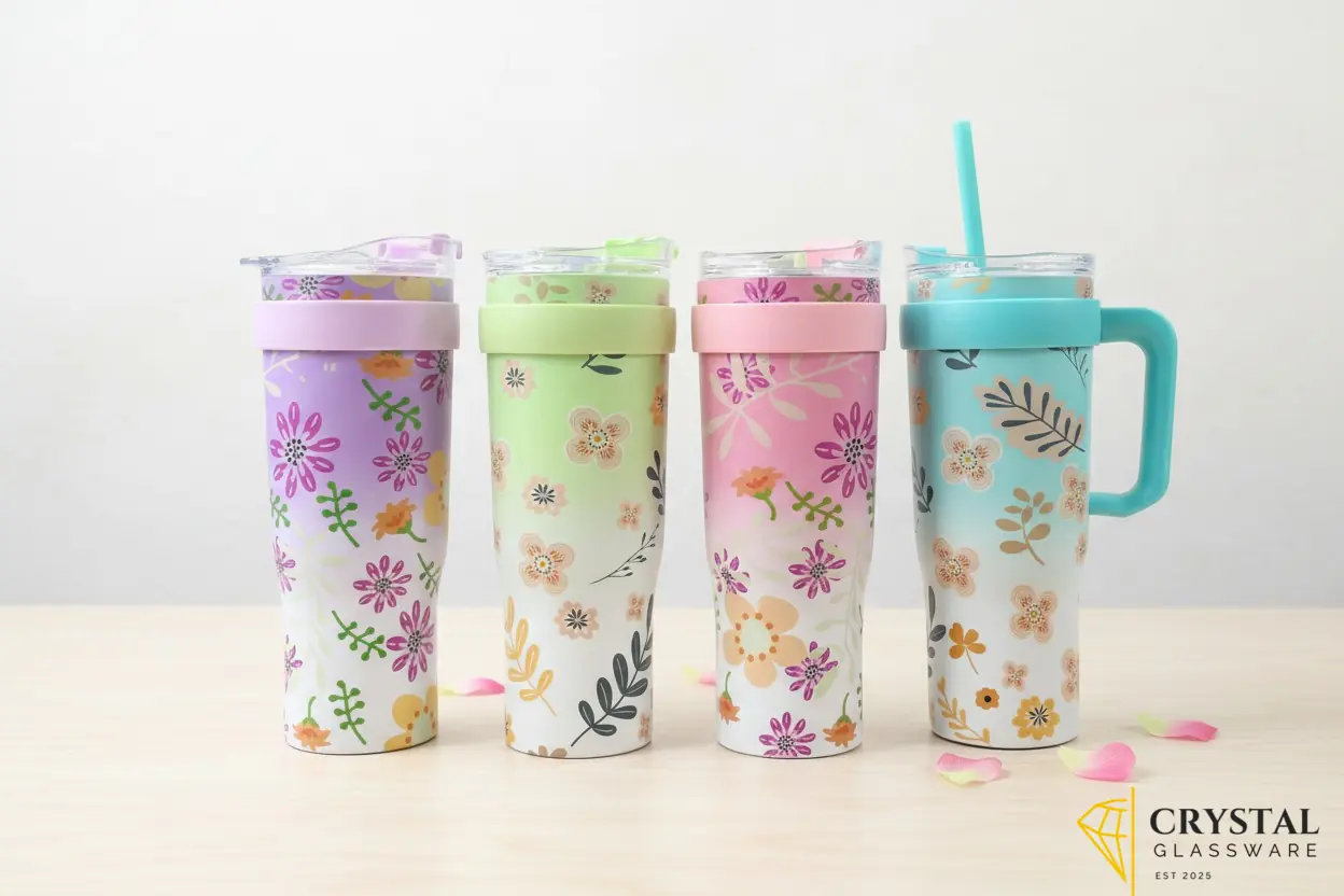Floral insulated travel tumbler features a convenient handle a matching turquoise upper band and a reusable straw